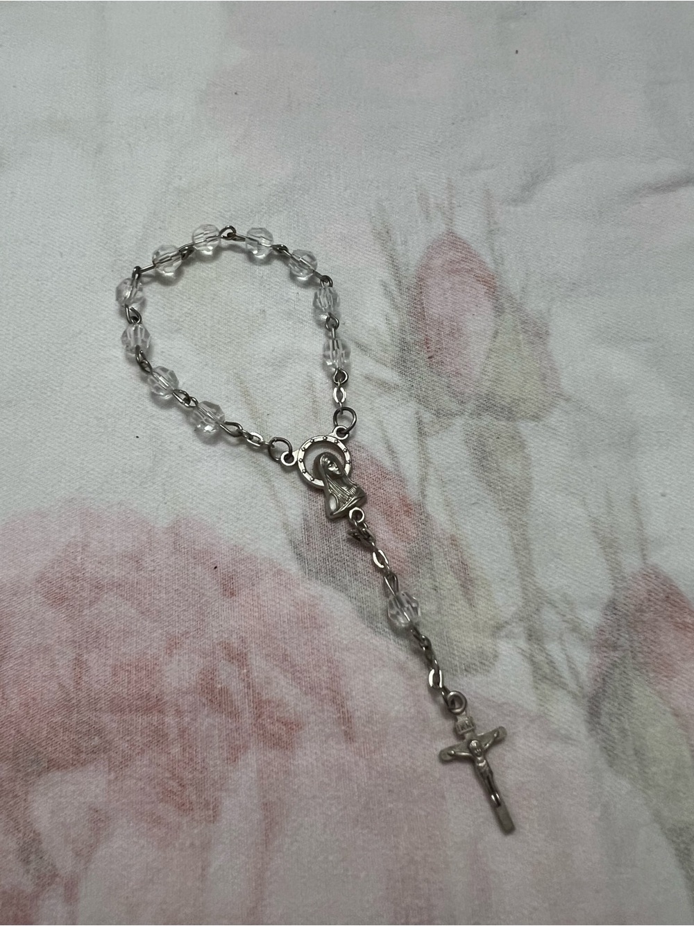 Silver Tone Clear Beaded Acrylic Small Hand Rosary